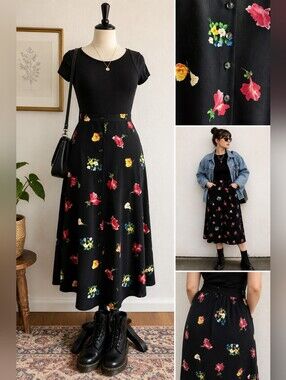 Vintage 90s Floral Button Front Midi Skirt Plus Size 16W Cottagecore Grunge